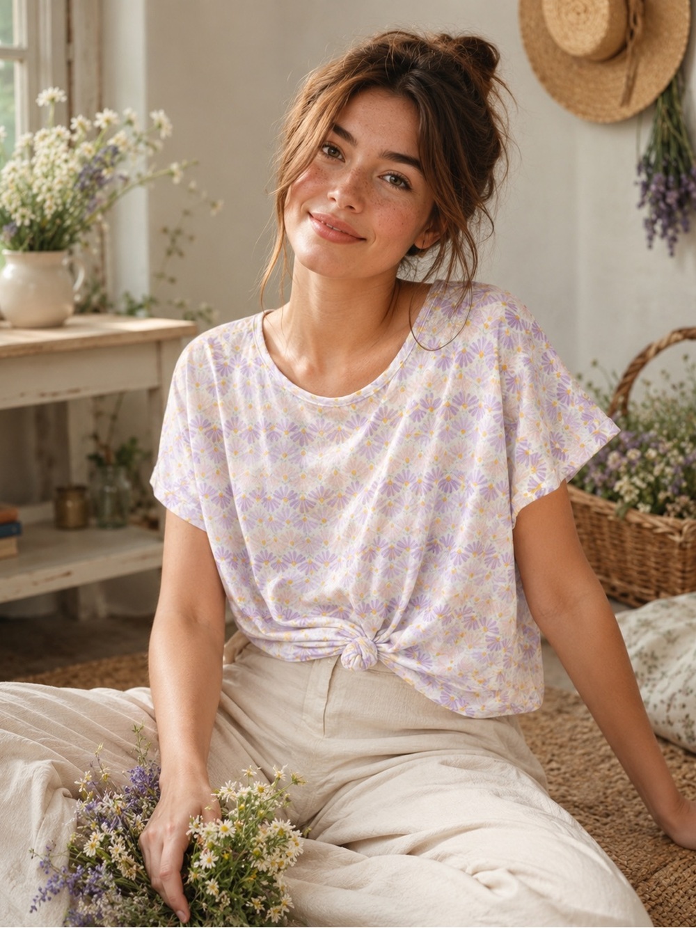 Pink Rose Floral Knot Front Tee NWT Purple Daisy Short Sleeve Top Large